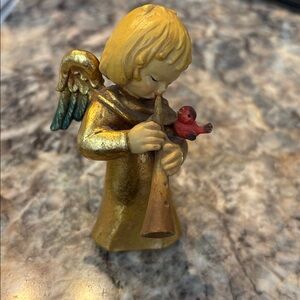 Signed Vintage ANRI FERRANDIZ wood Angel Figurine w Flute / Red Cardinal Italy